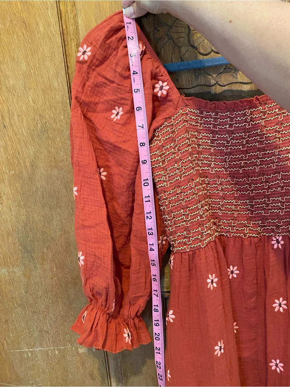 Coral Ree Pink Floral Smocked midi Dress embroidered puff sleeve